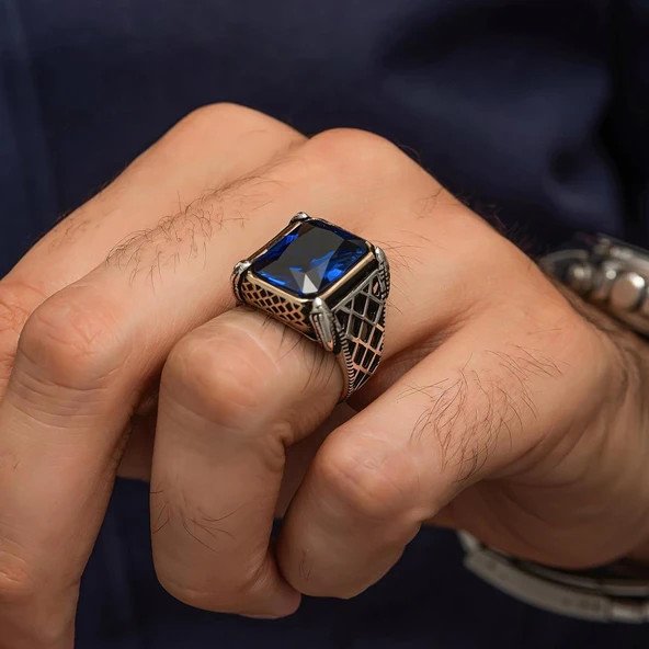 Parlament Mavisi Taşlı Kare 925 Gümüş Erkek Yüzük - 6