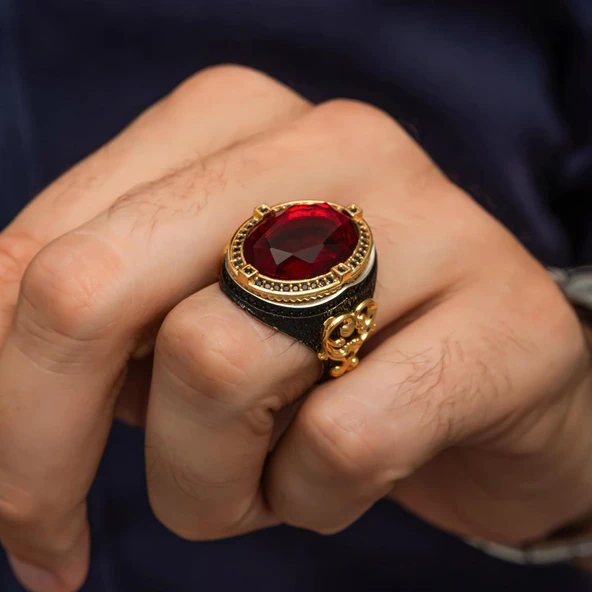 Oval Kırmızı Taşlı 925 Gümüş Erkek Yüzük - Resim 4