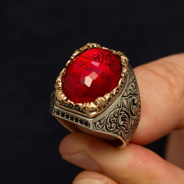 İsimli Kırmızı Taşlı 925 Gümüş Yüzük - Resim 7