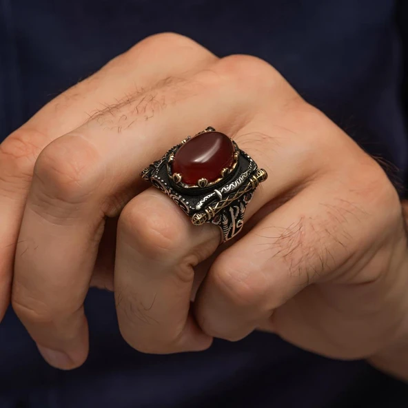 Oval Akik Taşlı Elifvav 925 Ayar Gümüş Yüzük - 6