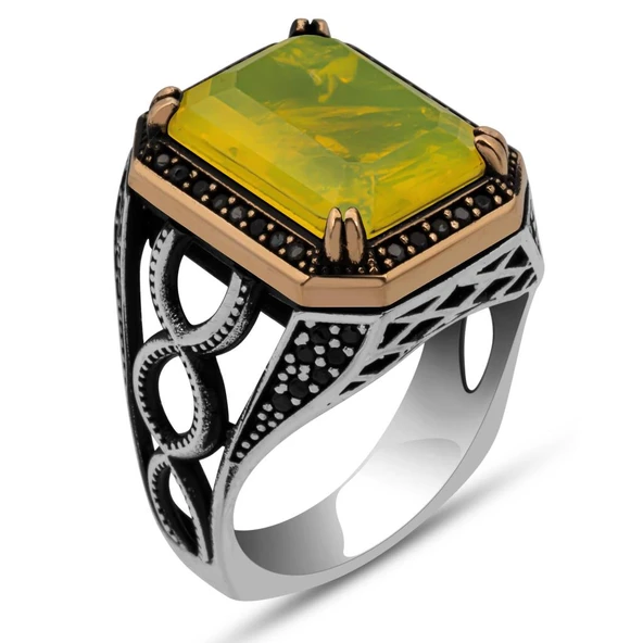 Sarı Paraiba Taşlı 925 Gümüş Erkek Yüzük - Resim 2