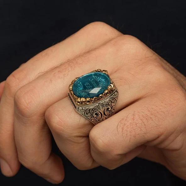 İsimli Mavi Taşlı 925 Gümüş Yüzük - Resim 5