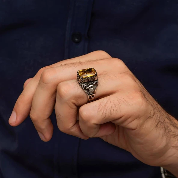 Sarı Taşlı Şahin Başı Motifli 925 Gümüş Erkek Yüzük - Resim 6