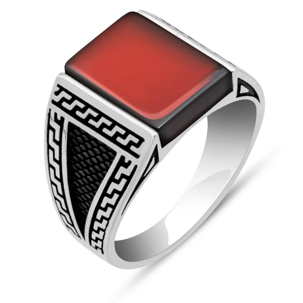 Kare Akik Taşlı Grek Motif 925 Gümüş Erkek Yüzük - Resim 2