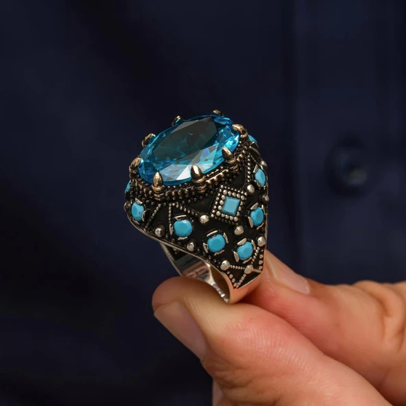 Oval Aqua Mavi Taşlı 925 Gümüş Erkek Yüzük - 6