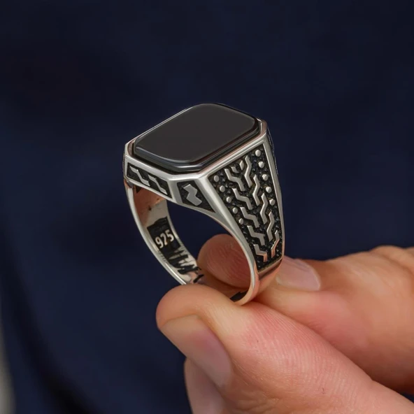 Siyah Oniks Taşlı 925 Gümüş Erkek Yüzük - Resim 5