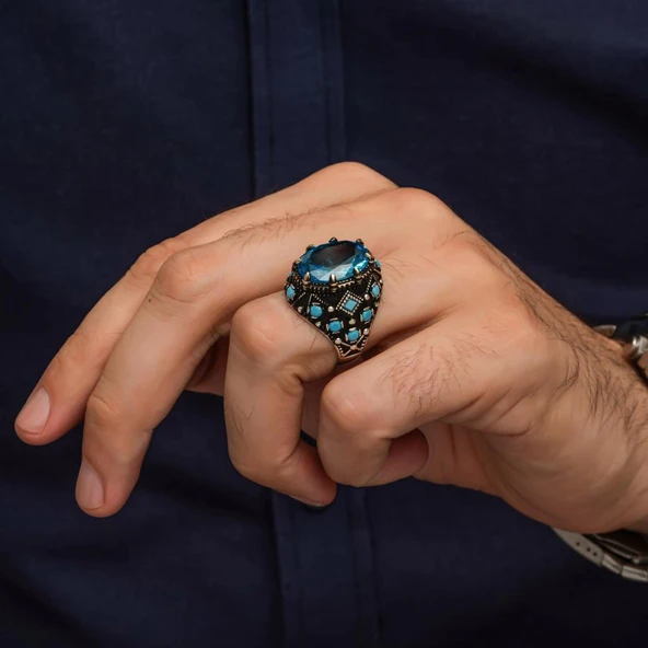 Oval Aqua Mavi Taşlı 925 Gümüş Erkek Yüzük - 5