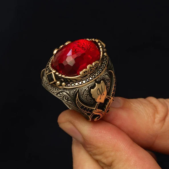 İsimli Kırmızı Taşlı Kılıç Motifli 925 Gümüş Yüzük - Resim 7