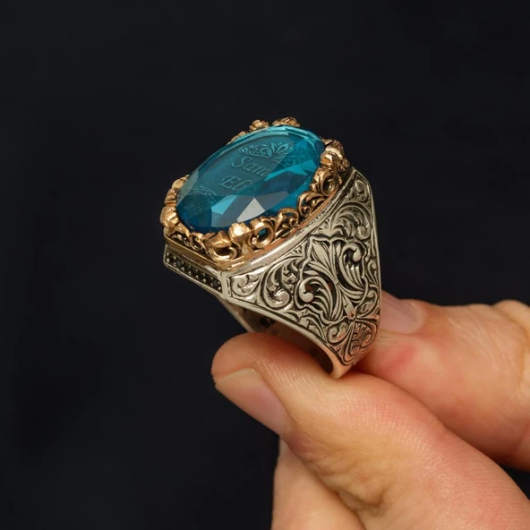 İsimli Mavi Taşlı 925 Gümüş Yüzük - Resim 6