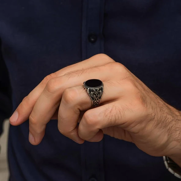 Oval Siyah Oniks Taşlı 925 Gümüş Erkek Yüzük - 4