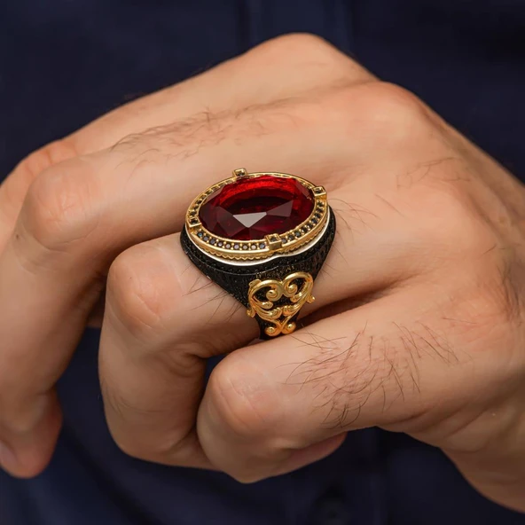 Oval Kırmızı Taşlı 925 Gümüş Erkek Yüzük - Resim 3