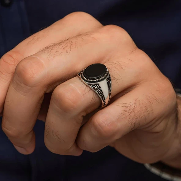 Siyah Oval Oniks Taşlı 925 Gümüş Yüzük - Resim 5