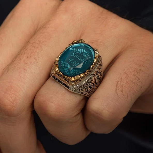 İsimli Mavi Taşlı 925 Gümüş Yüzük - Resim 3