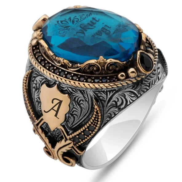 İsimli Mavi Taşlı 925 Ayar Gümüş Yüzük - Resim 2