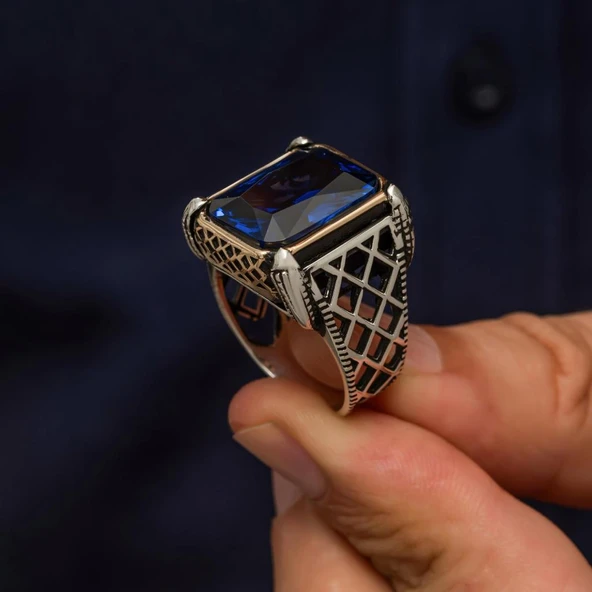 Parlament Mavisi Taşlı Kare 925 Gümüş Erkek Yüzük - 4