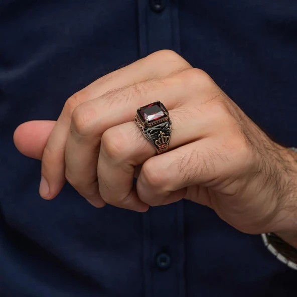 Kırmızı Taşlı Kral Tacı Motifli 925 Gümüş Erkek Yüzük - Resim 4