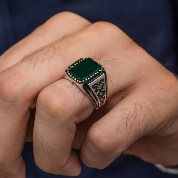 Yeşil Taşlı Kazaz Model 925 Gümüş Yüzük - Resim 6