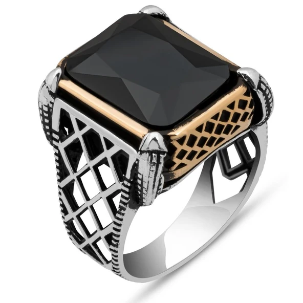 Siyah Taşlı Kare 925 Gümüş Erkek Yüzük - Resim 2