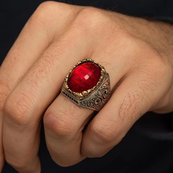 İsimli Kırmızı Taşlı 925 Gümüş Yüzük - Resim 9