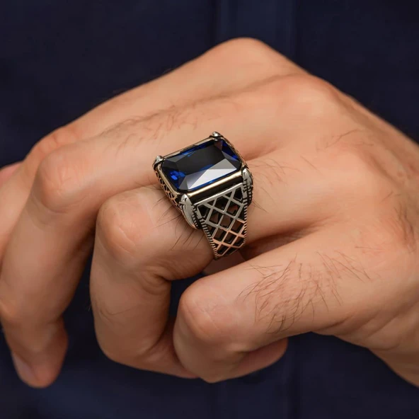 Parlament Mavisi Taşlı Kare 925 Gümüş Erkek Yüzük - 3