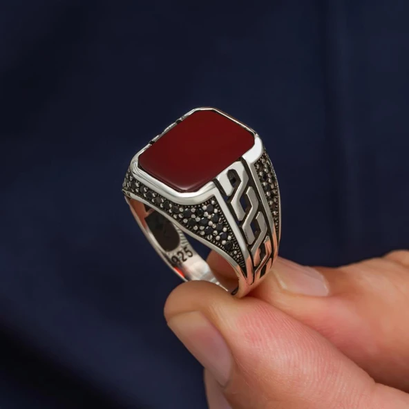 Akik Taşlı Grek Motifli 925 Gümüş Erkek Yüzük - Resim 4