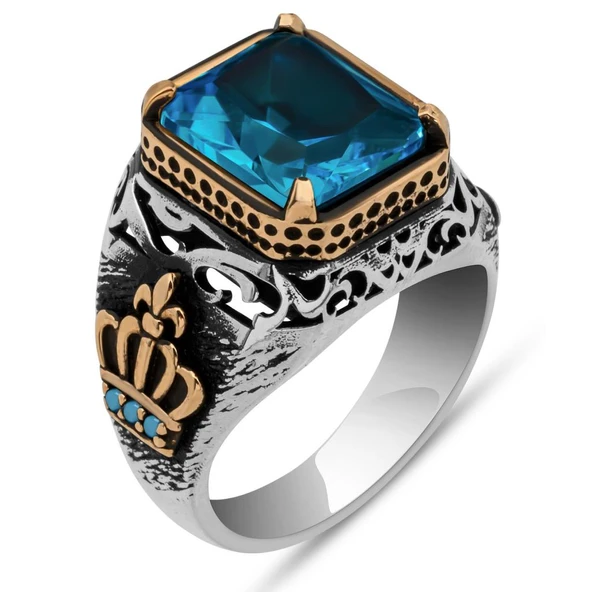 Aqua Mavi Taşlı Kral Tacı Motifli 925 Gümüş Yüzük - Resim 2