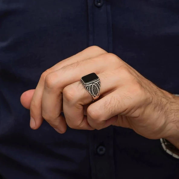 Siyah Oniks Taşlı 925 Gümüş Yüzük - Resim 4
