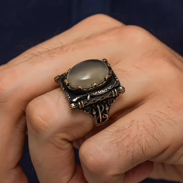 Oval Yemen Akik Taşlı Elifvav 925 Ayar Gümüş Yüzük - Resim 3