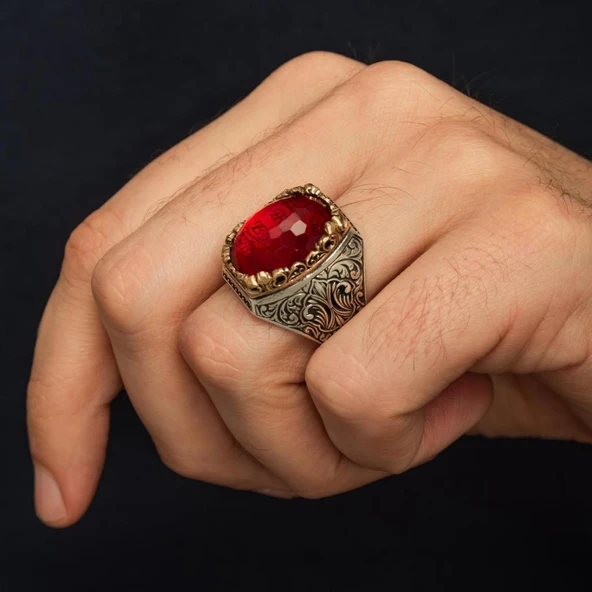 İsimli Kırmızı Taşlı 925 Gümüş Yüzük - Resim 4