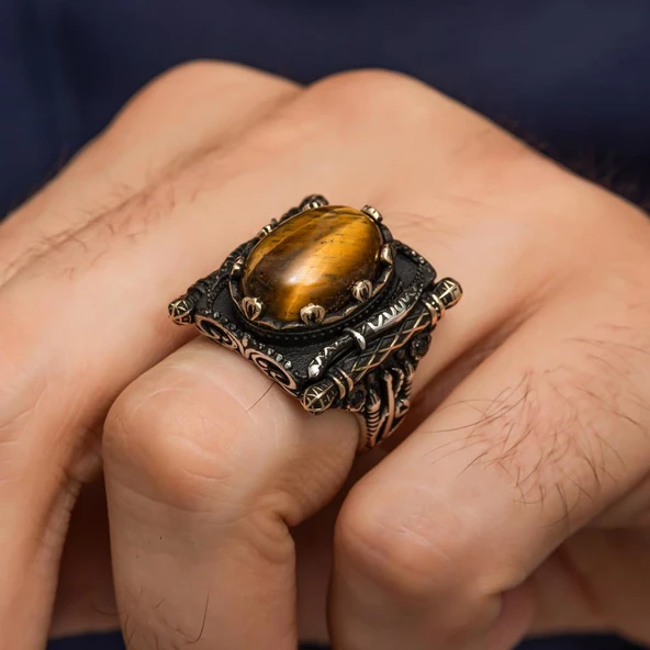 Oval Kaplan Gözü Taşlı Elifvav 925 Ayar Gümüş Yüzük - 3