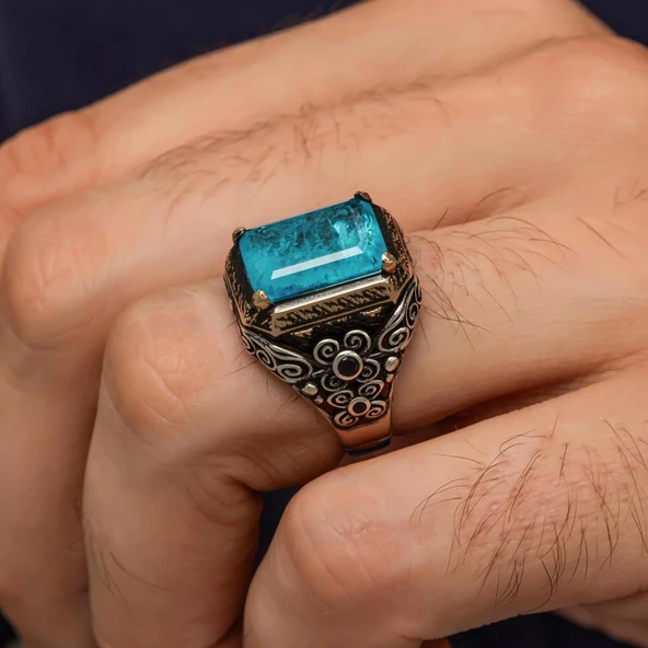 Mavi Paraiba Taşlı Kare 925 Gümüş Erkek Yüzük - Resim 3