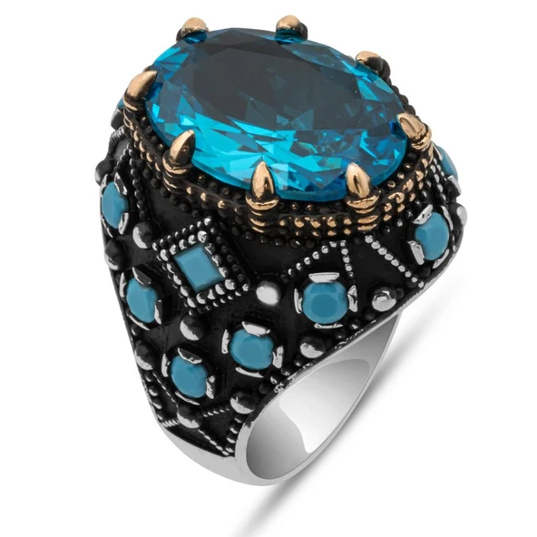Oval Aqua Mavi Taşlı 925 Gümüş Erkek Yüzük - 2