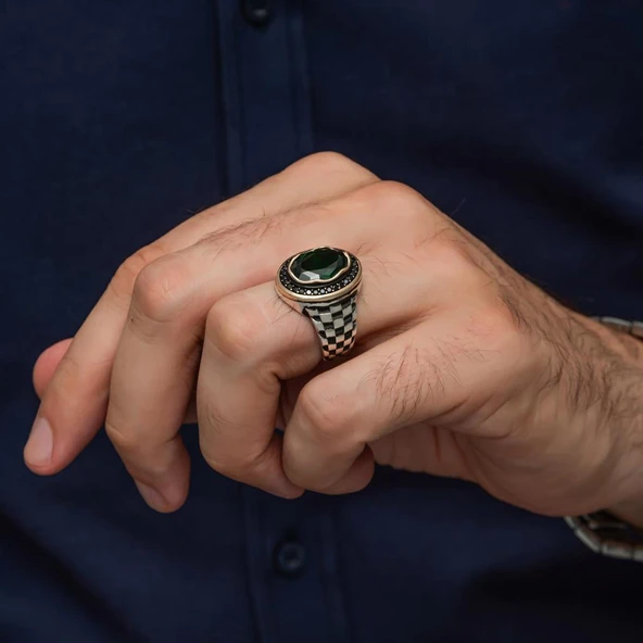 Oval Yeşil Taşlı Kordon Modeli 925 Gümüş Erkek Yüzük - 4