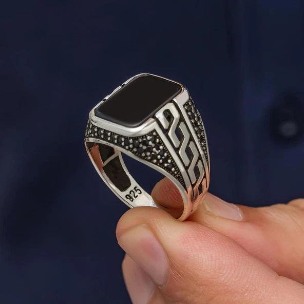 Siyah Oniks Taşlı Grek Motifli 925 Gümüş Erkek Yüzük - Resim 4