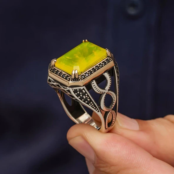Sarı Paraiba Taşlı 925 Gümüş Erkek Yüzük - Resim 6