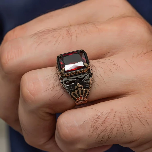 Kırmızı Taşlı Kral Tacı Motifli 925 Gümüş Erkek Yüzük - Resim 6