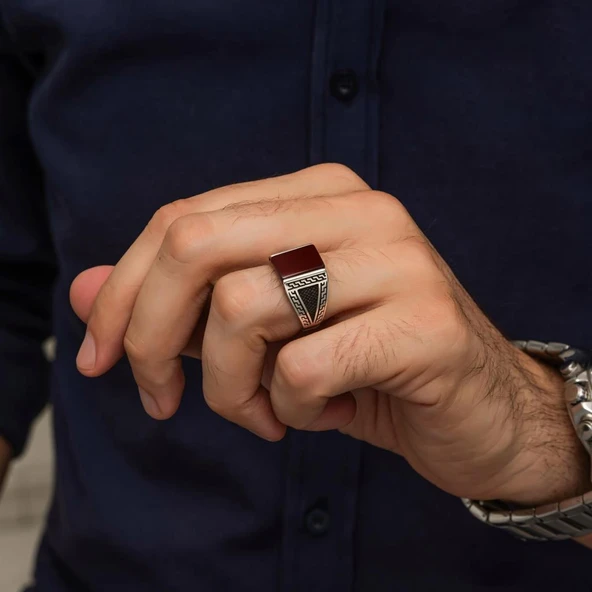 Kare Akik Taşlı Grek Motif 925 Gümüş Erkek Yüzük - Resim 6