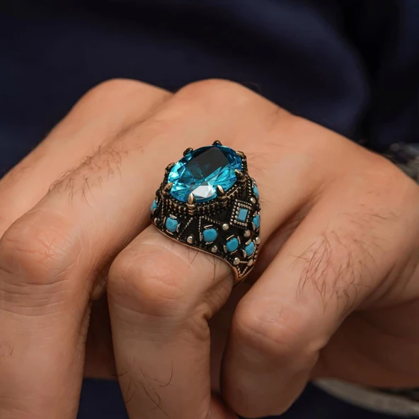 Oval Aqua Mavi Taşlı 925 Gümüş Erkek Yüzük - 4