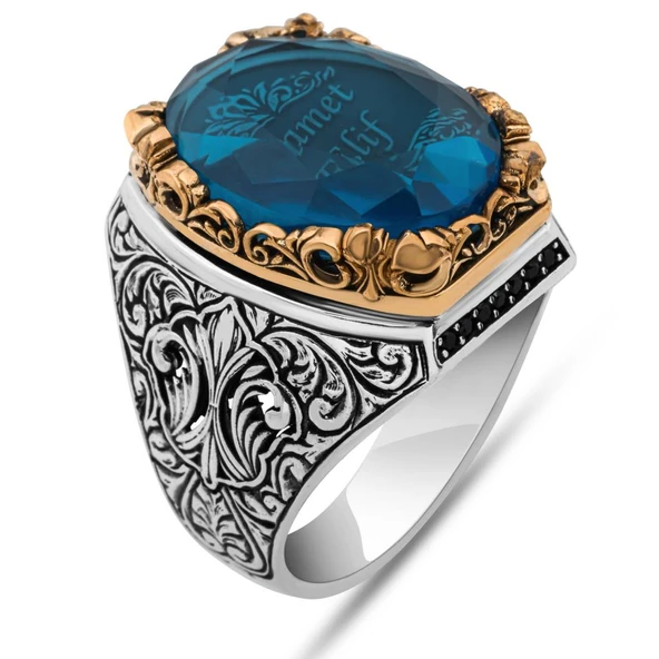 İsimli Mavi Taşlı 925 Gümüş Yüzük - Resim 2