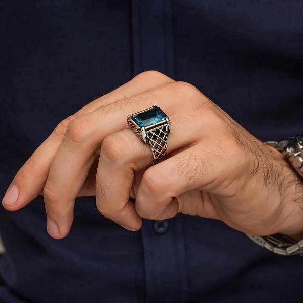 Aqua Mavi Taşlı 925 Gümüş Erkek Yüzük - Resim 6