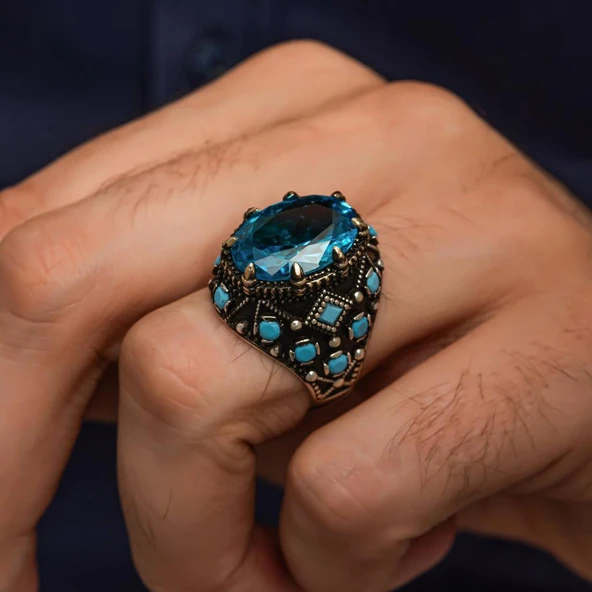 Oval Aqua Mavi Taşlı 925 Gümüş Erkek Yüzük - 3