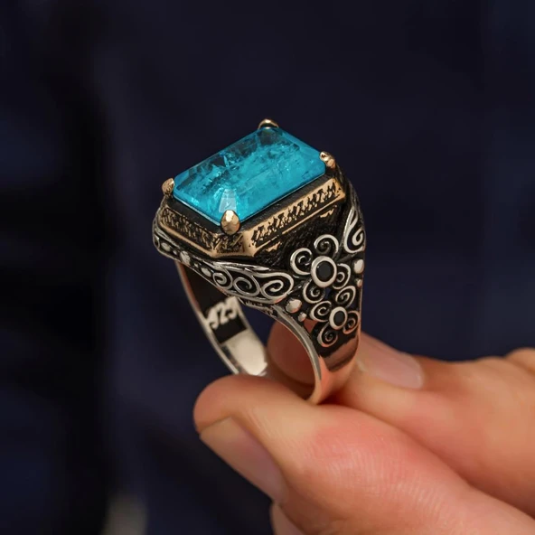 Mavi Paraiba Taşlı Kare 925 Gümüş Erkek Yüzük - Resim 5