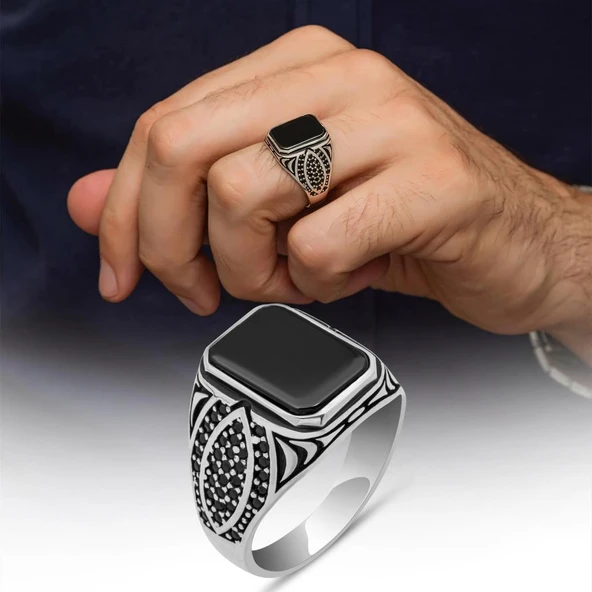 Siyah Oniks Taşlı 925 Gümüş Yüzük ürün görseli