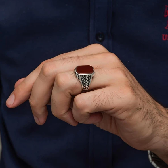 Akik Taşlı 925 Gümüş Erkek Yüzük - 4