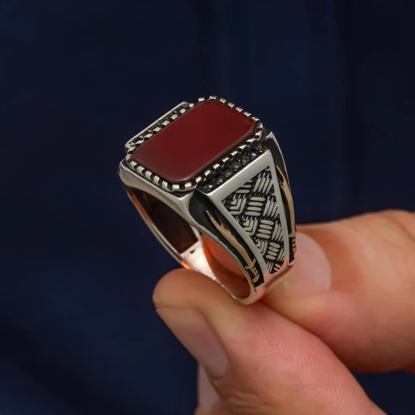 Akik Taşlı Kazaz Model 925 Gümüş Yüzük - 4