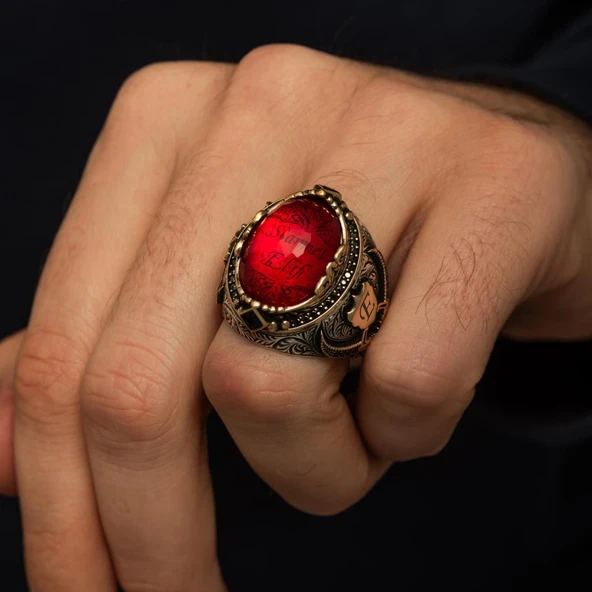 İsimli Kırmızı Taşlı Kılıç Motifli 925 Gümüş Yüzük - Resim 3