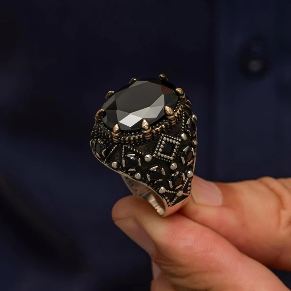 Oval Siyah Taşlı 925 Gümüş Erkek Yüzük - Resim 5