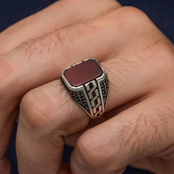 Akik Taşlı Grek Motifli 925 Gümüş Erkek Yüzük - Resim 3