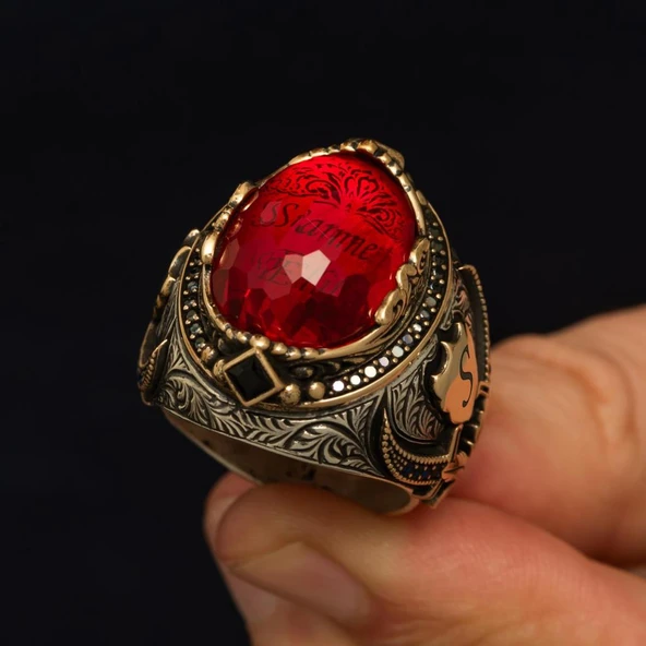 İsimli Kırmızı Taşlı Kılıç Motifli 925 Gümüş Yüzük - Resim 8