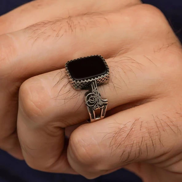 Siyah Oniks Taşlı Tuğra Motifli 925 Gümüş Erkek Yüzük - Resim 3